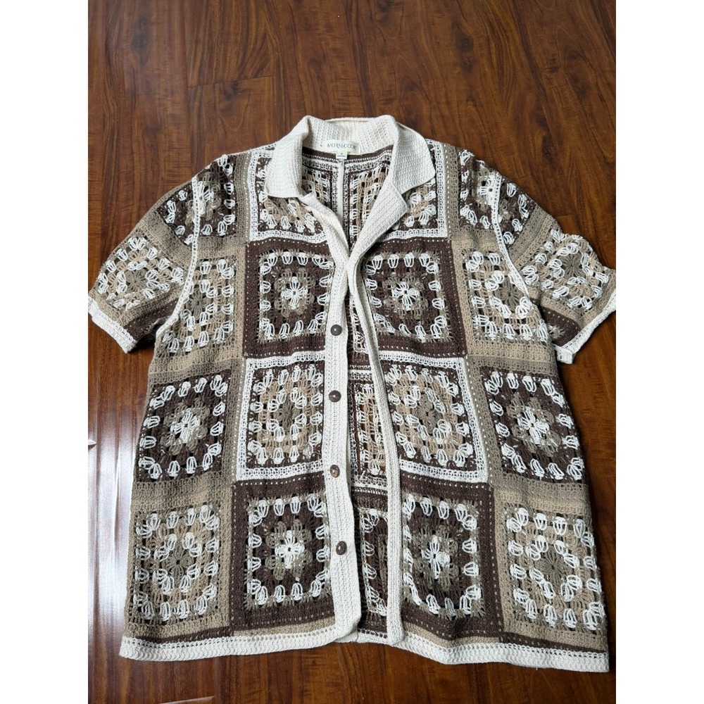 Morsecode Crochet Shirt Mens M Knit Granny Square Button Short Sleeve Brown
